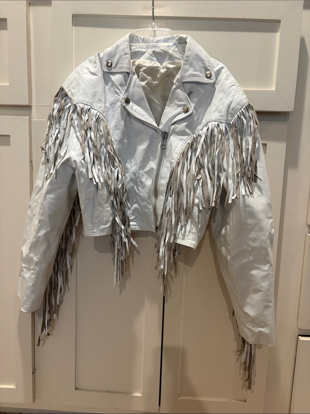 Fringe Leather Moto Jacket - White